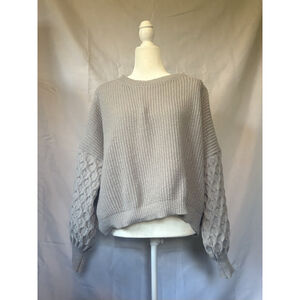 Gray Cable-Knit Pullover Sweater Textured Balloon Sleeve Crew Neck Long Sleeve